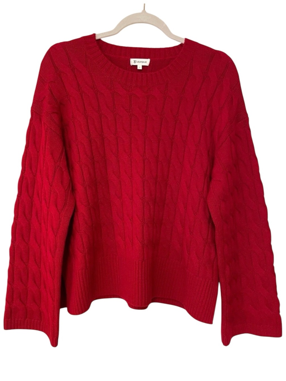 Lilysilk Merino Wool Cable Knit Sweater S Red Crewneck Relaxed Elevated Casual